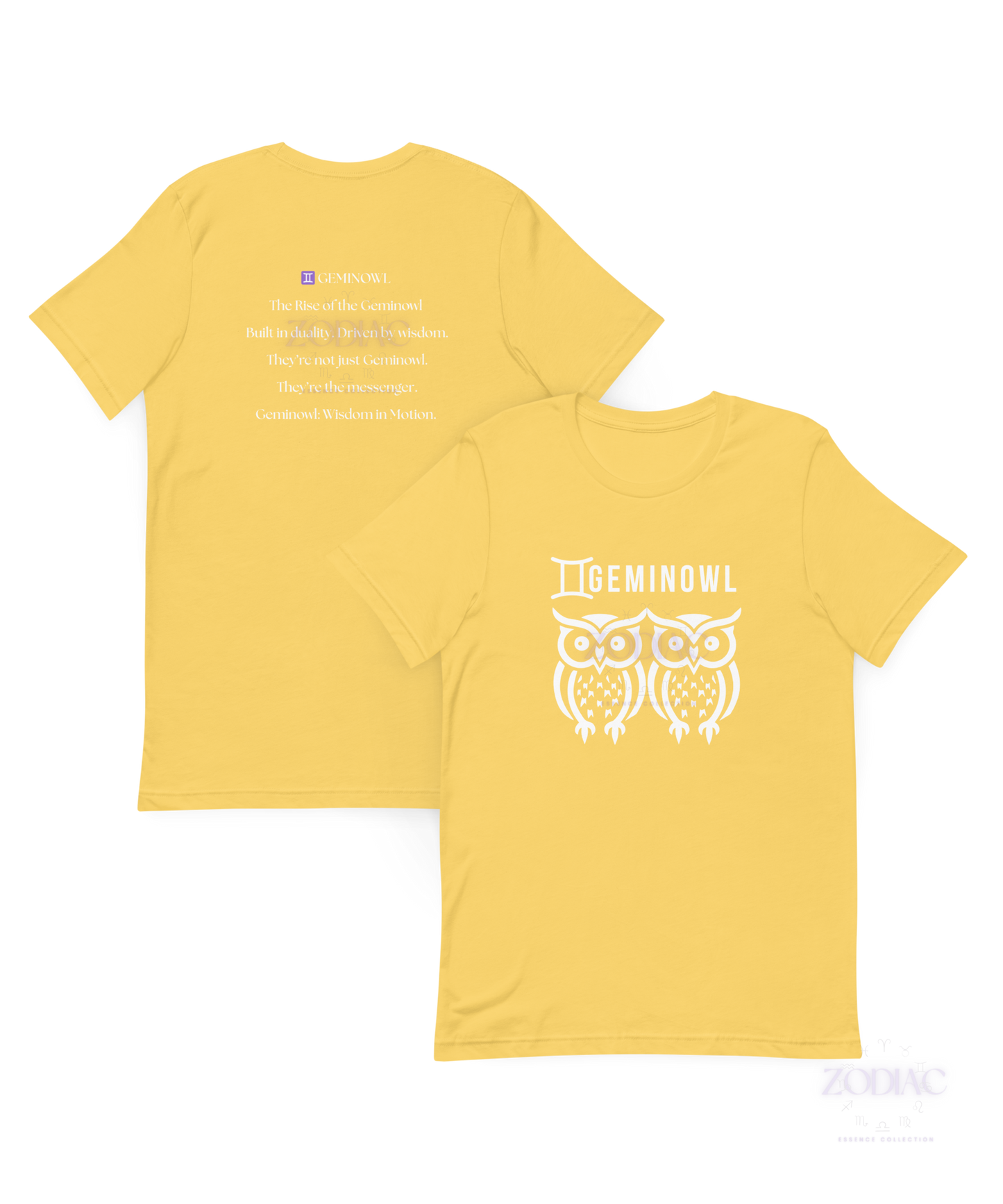 ♊ Geminowl Zodiac Twist Tee – White Lettering Edition