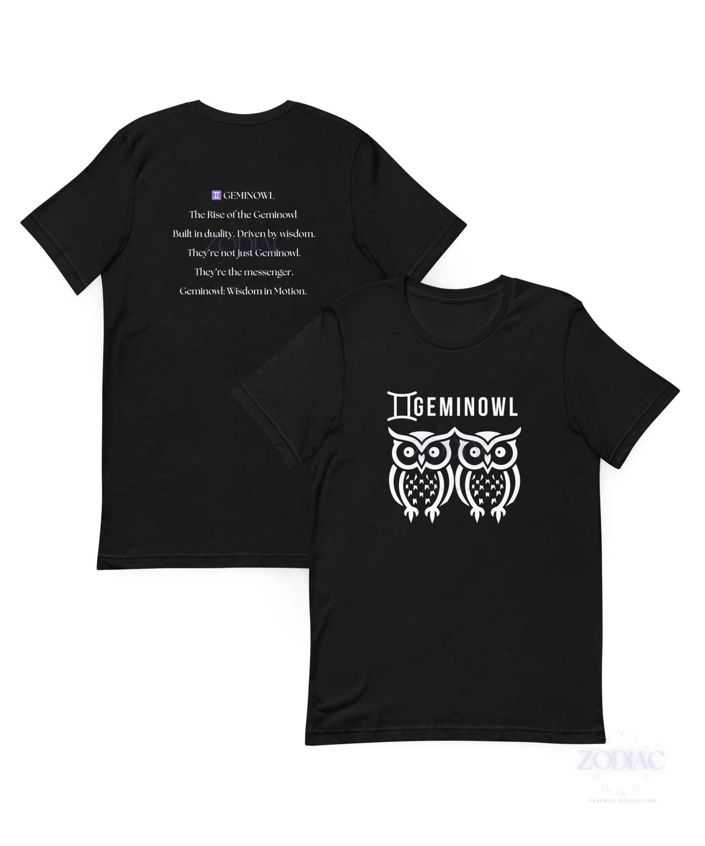 ♊ Geminowl Zodiac Twist Tee – White Lettering Edition