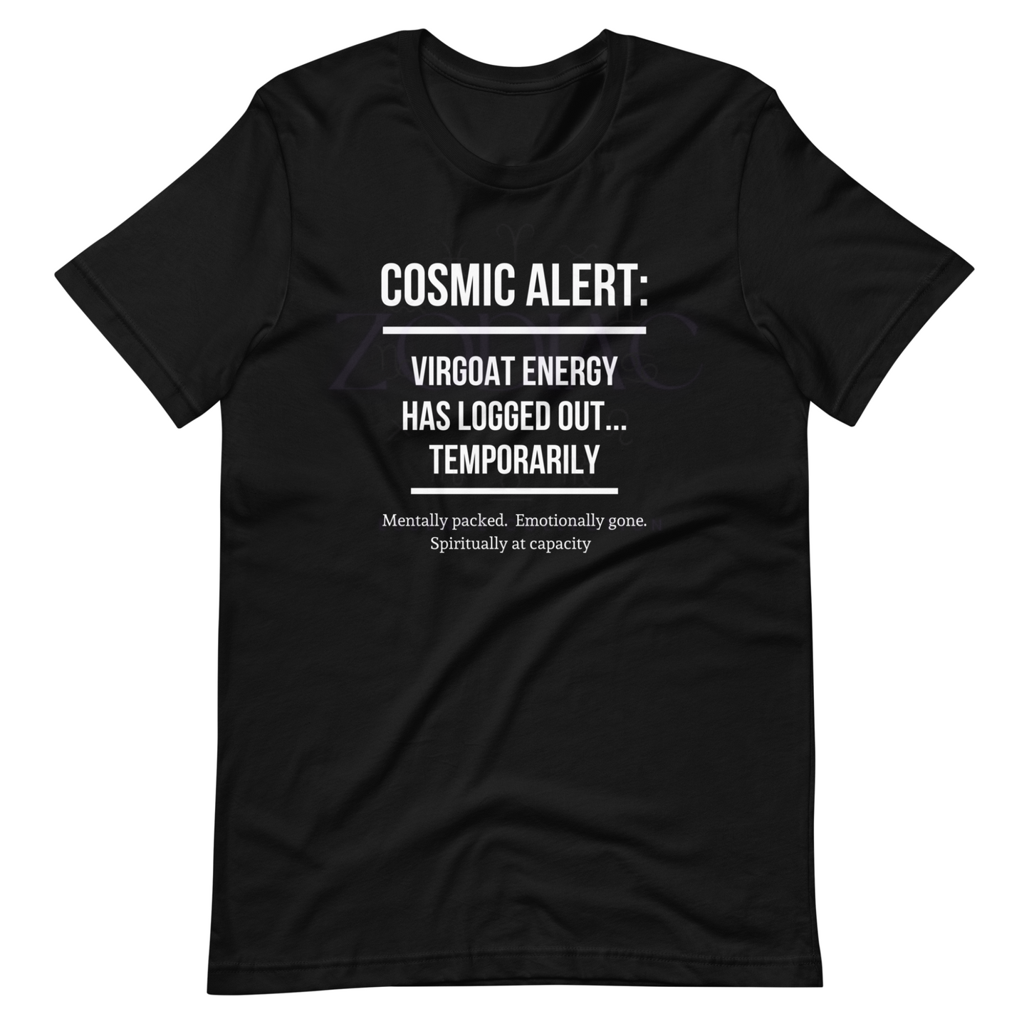 COSMIC ALERT Tee – Black with White Letters | S–4XL | ♍️🐐Virgoat Energy Drop
