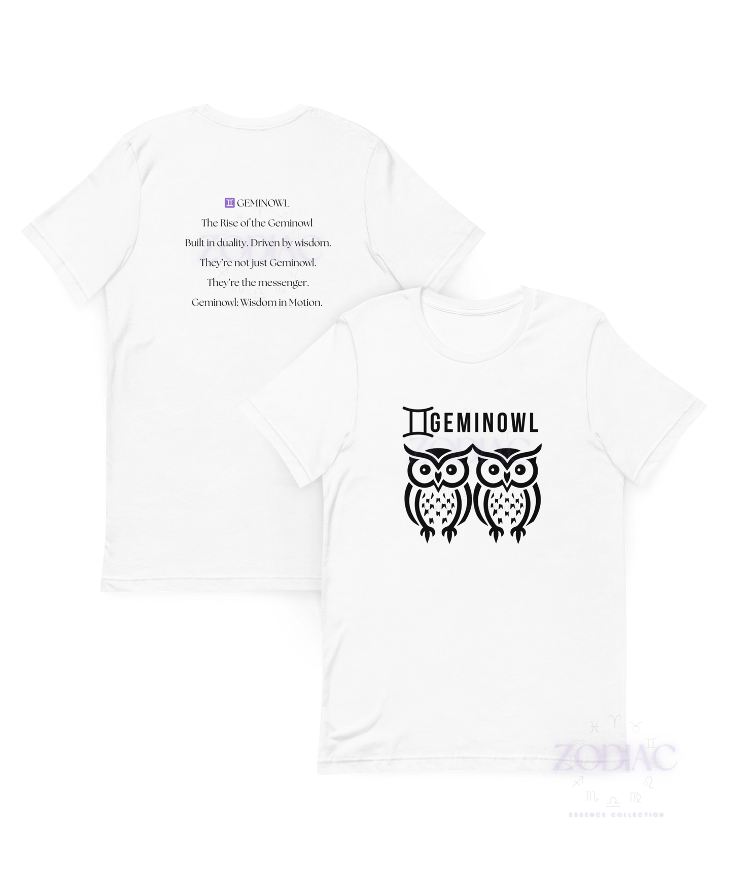 ♊ Geminowl Zodiac Twist Tee – Black Lettering Edition