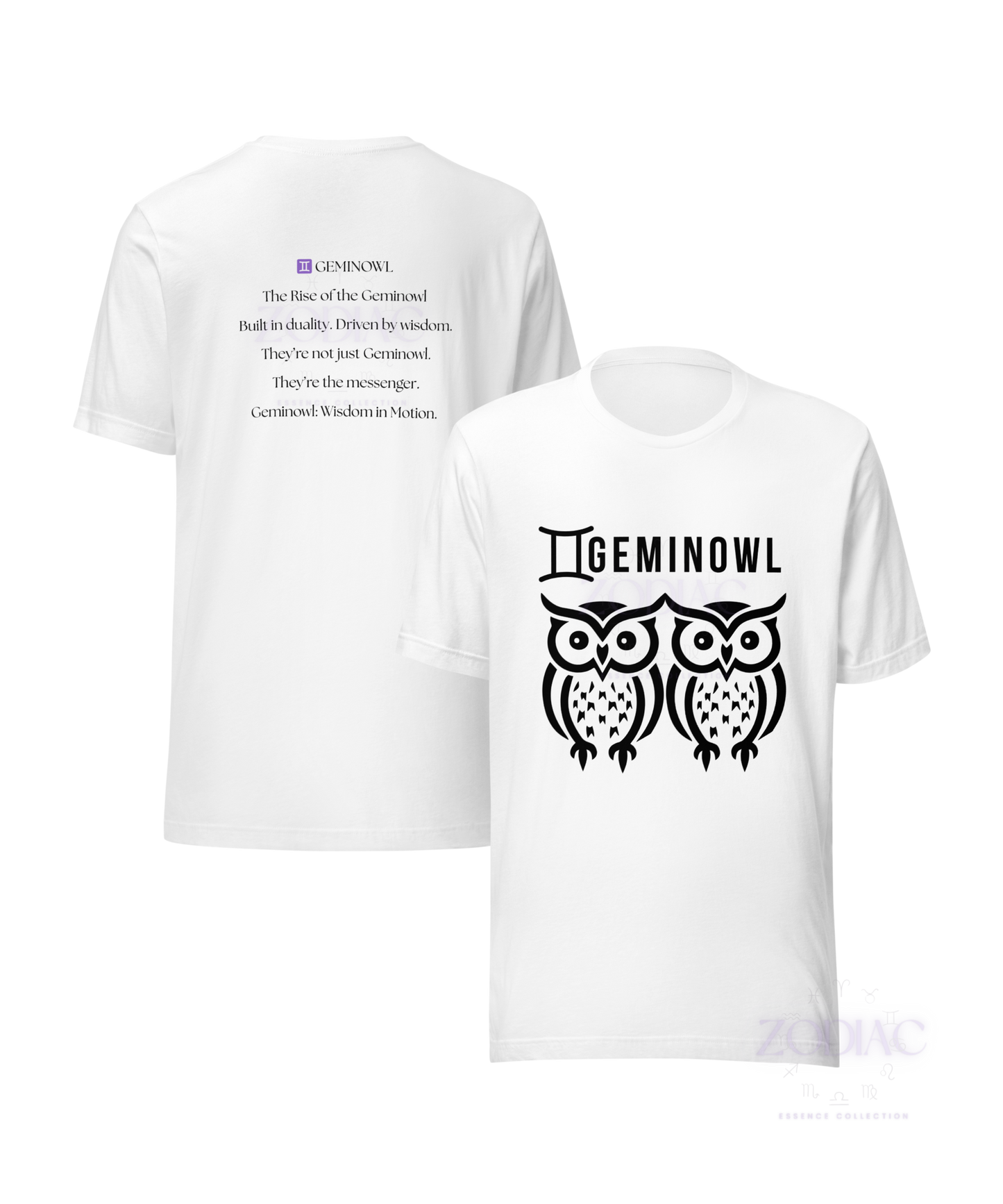♊ Geminowl Zodiac Twist Tee – Black Lettering Edition