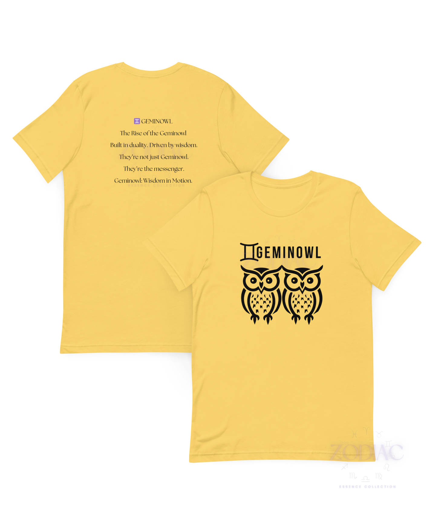 ♊ Geminowl Zodiac Twist Tee – Black Lettering Edition
