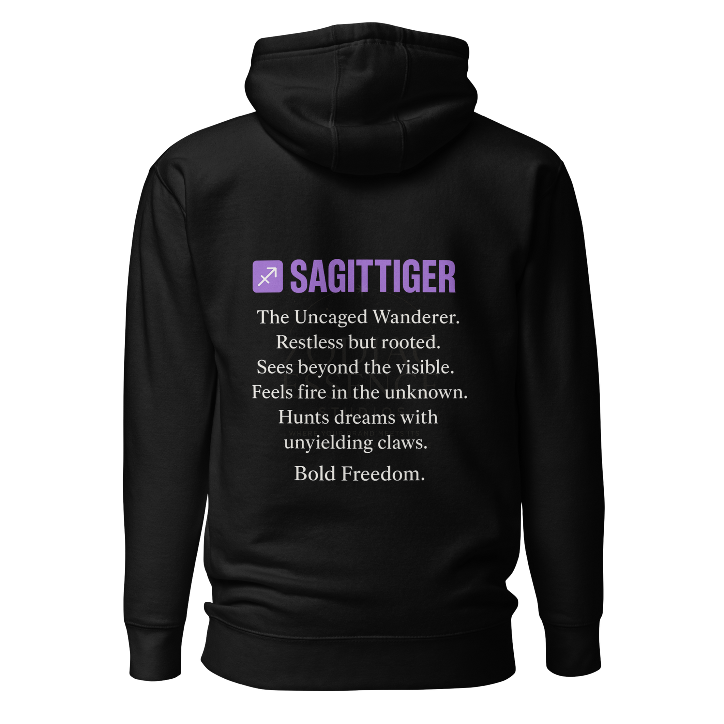 SAGITTIGER Essence Hoodie – Front + Back Zodiac Quote ♐ #9B5DE5