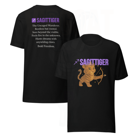 SAGITTIGER Essence Tee – Front + Back Zodiac Quote ♐ #9B5DE5