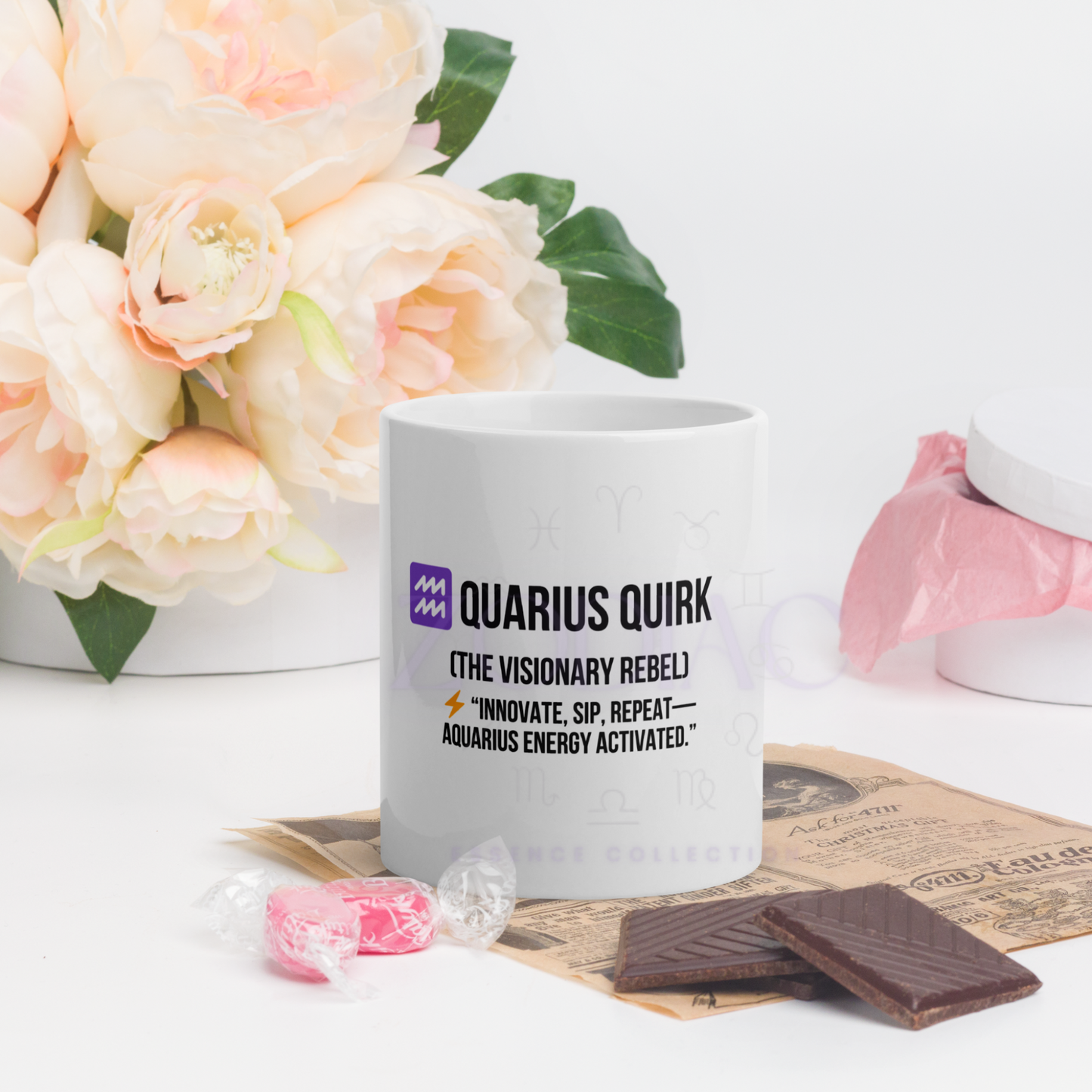 Zodiac Essence White Mug – ♒quarius Quirk (The Visionary Rebel) | 11 oz, 15 oz & 20 oz