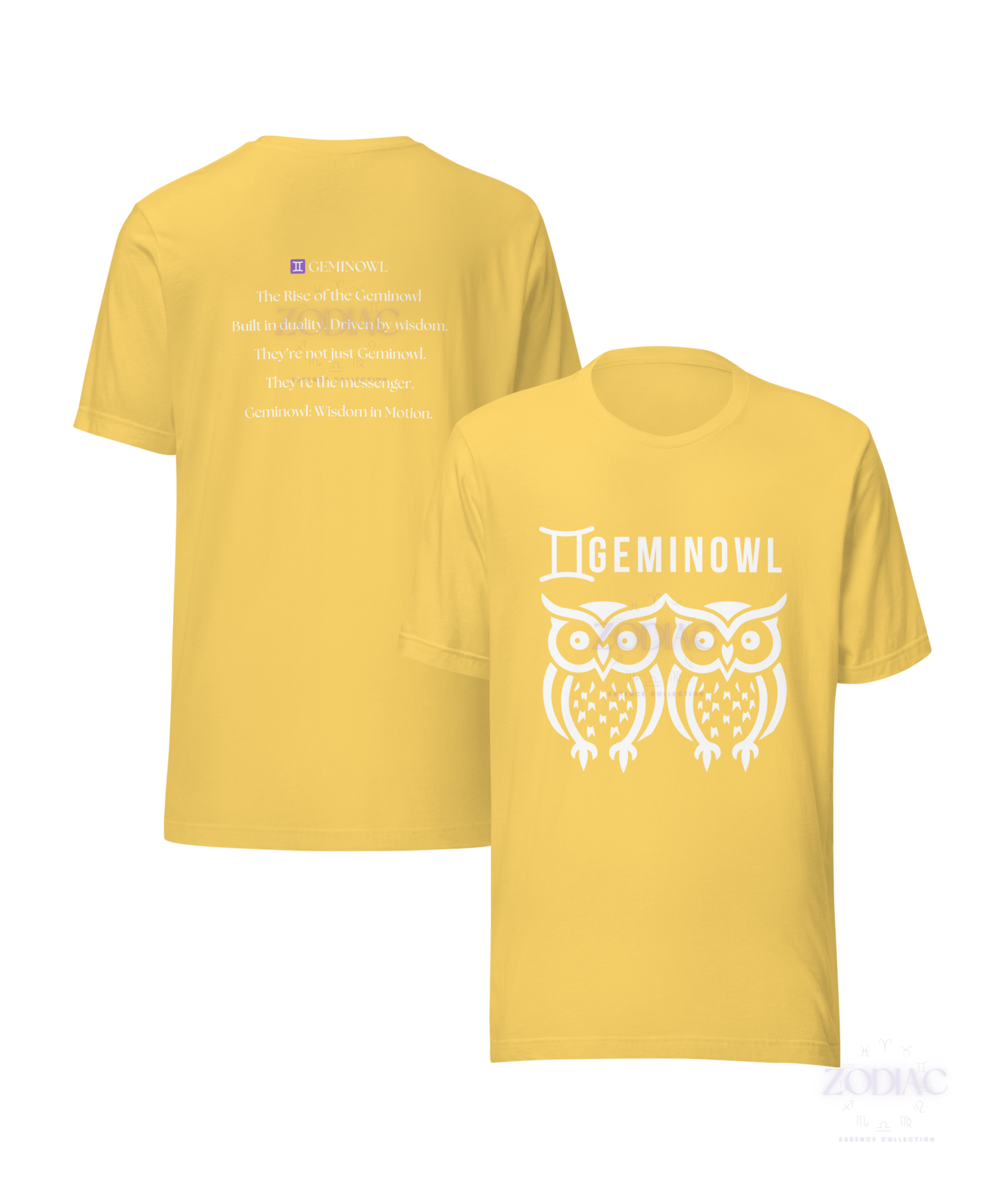 ♊ Geminowl Zodiac Twist Tee – White Lettering Edition