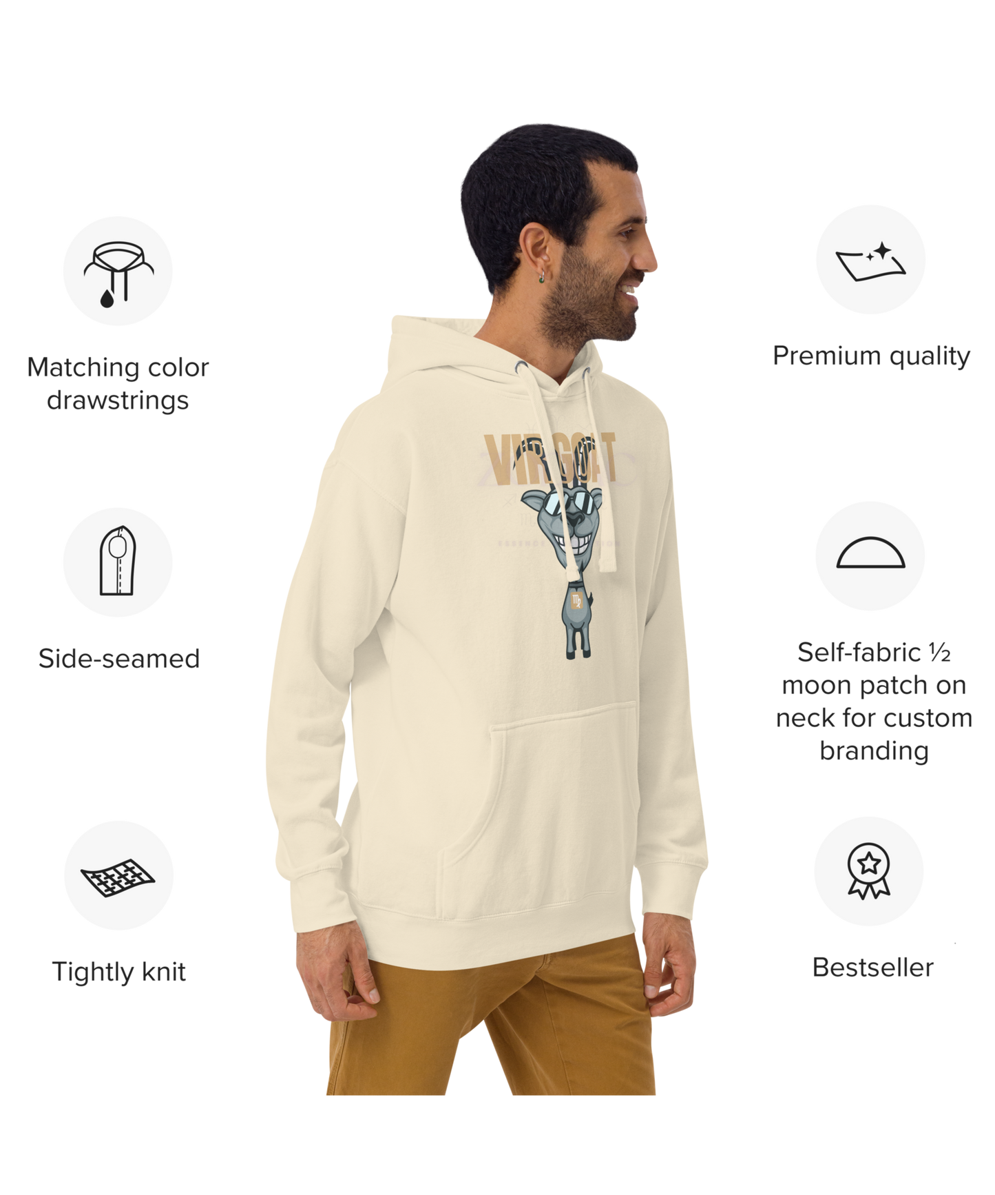 ♍ Virgoat Zodiac Twist Hoodie – Sandy Beige Lettering Edition
