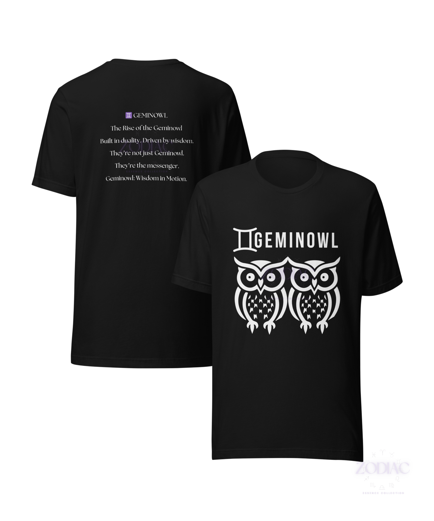 ♊ Geminowl Zodiac Twist Tee – White Lettering Edition