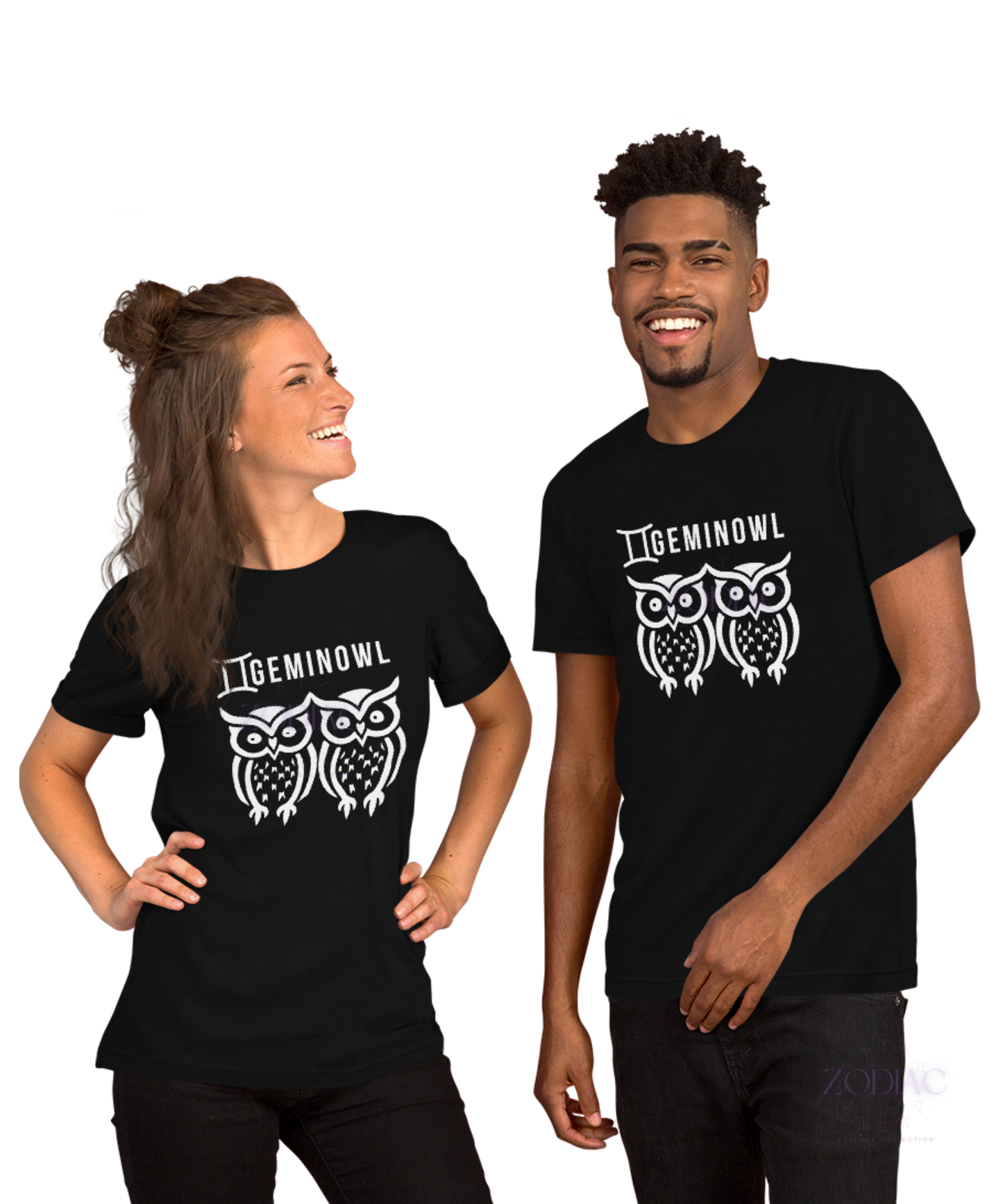 ♊ Geminowl Zodiac Twist Tee – White Lettering Edition