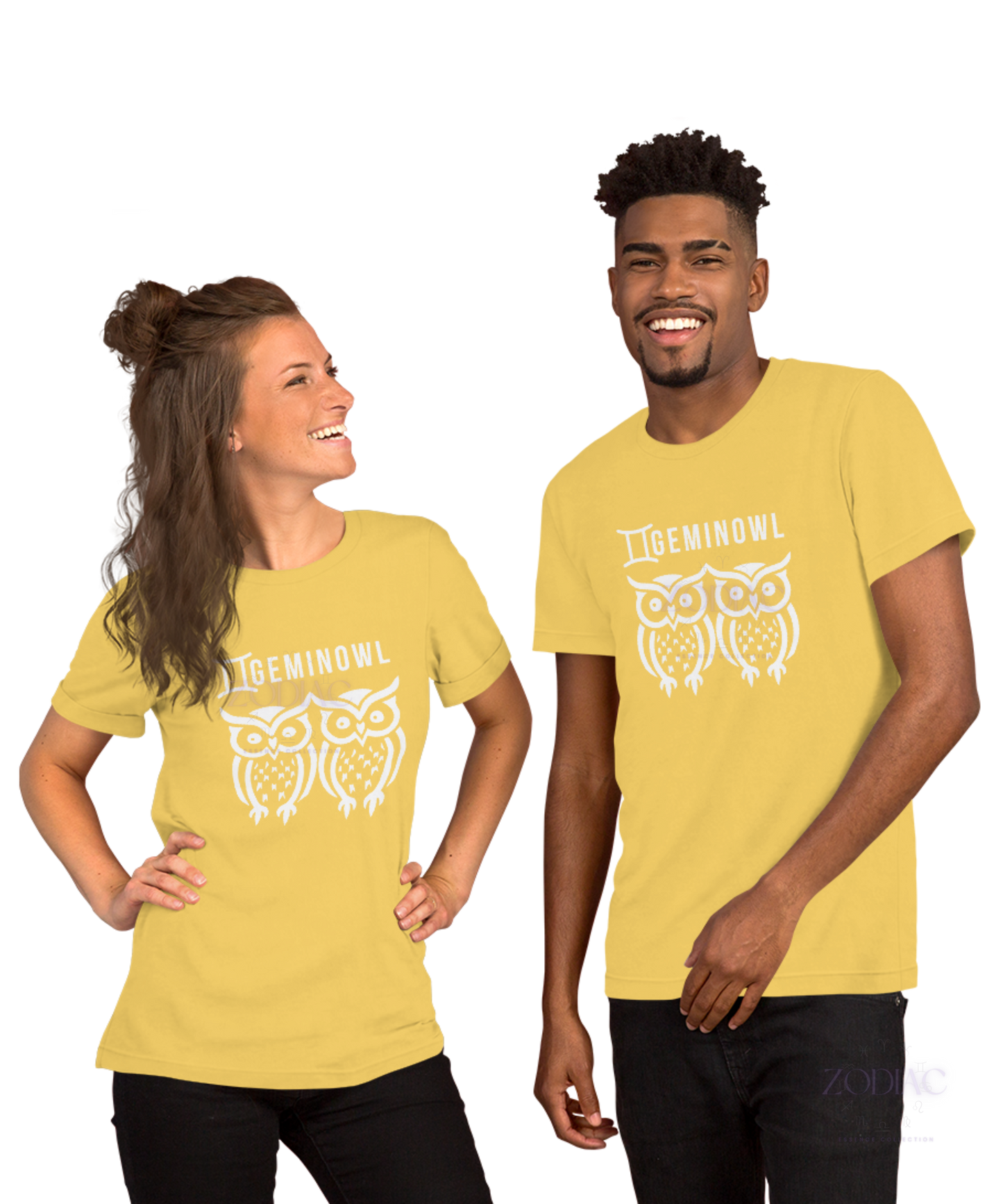♊ Geminowl Zodiac Twist Tee – White Lettering Edition