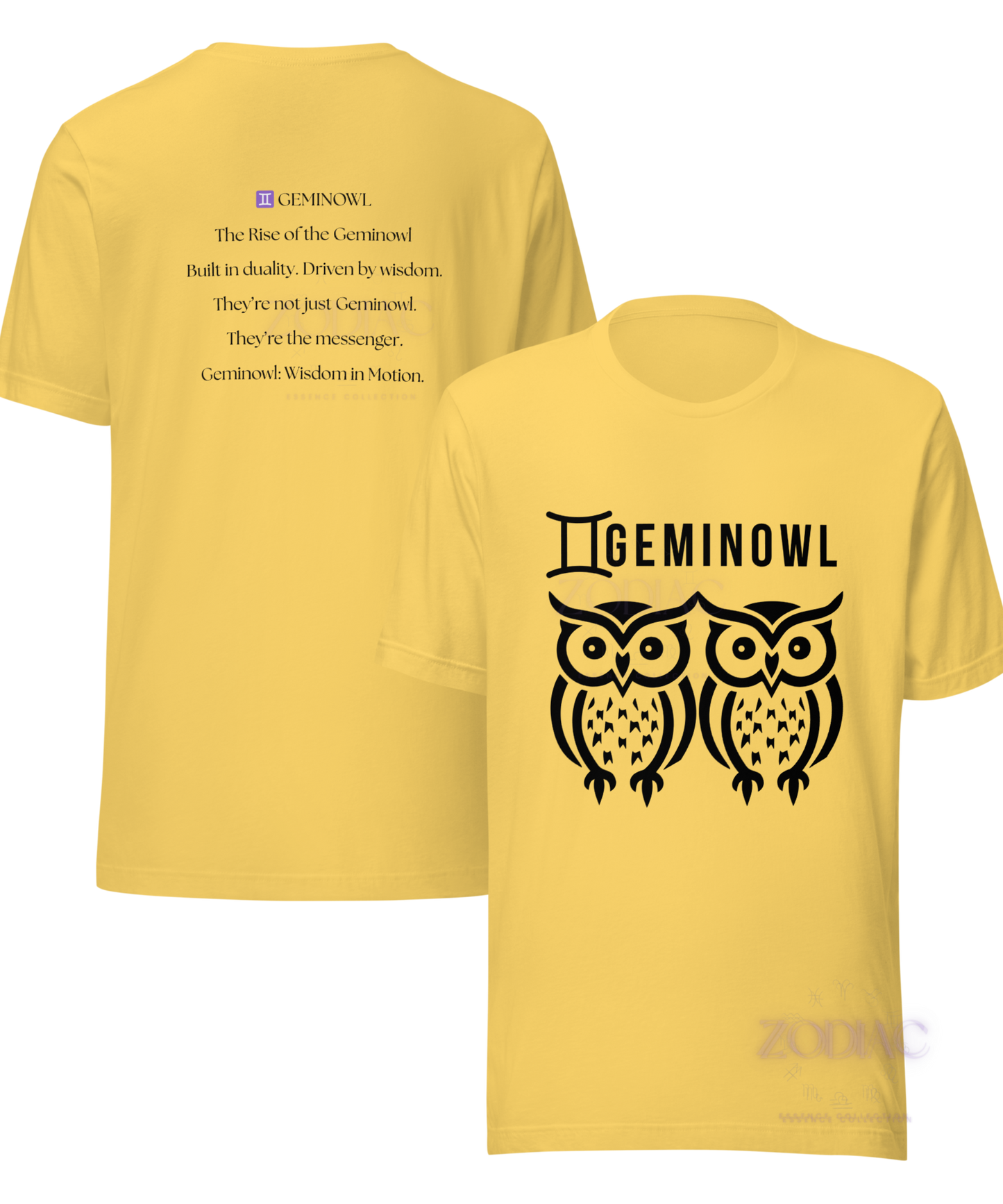 ♊ Geminowl Zodiac Twist Tee – Black Lettering Edition