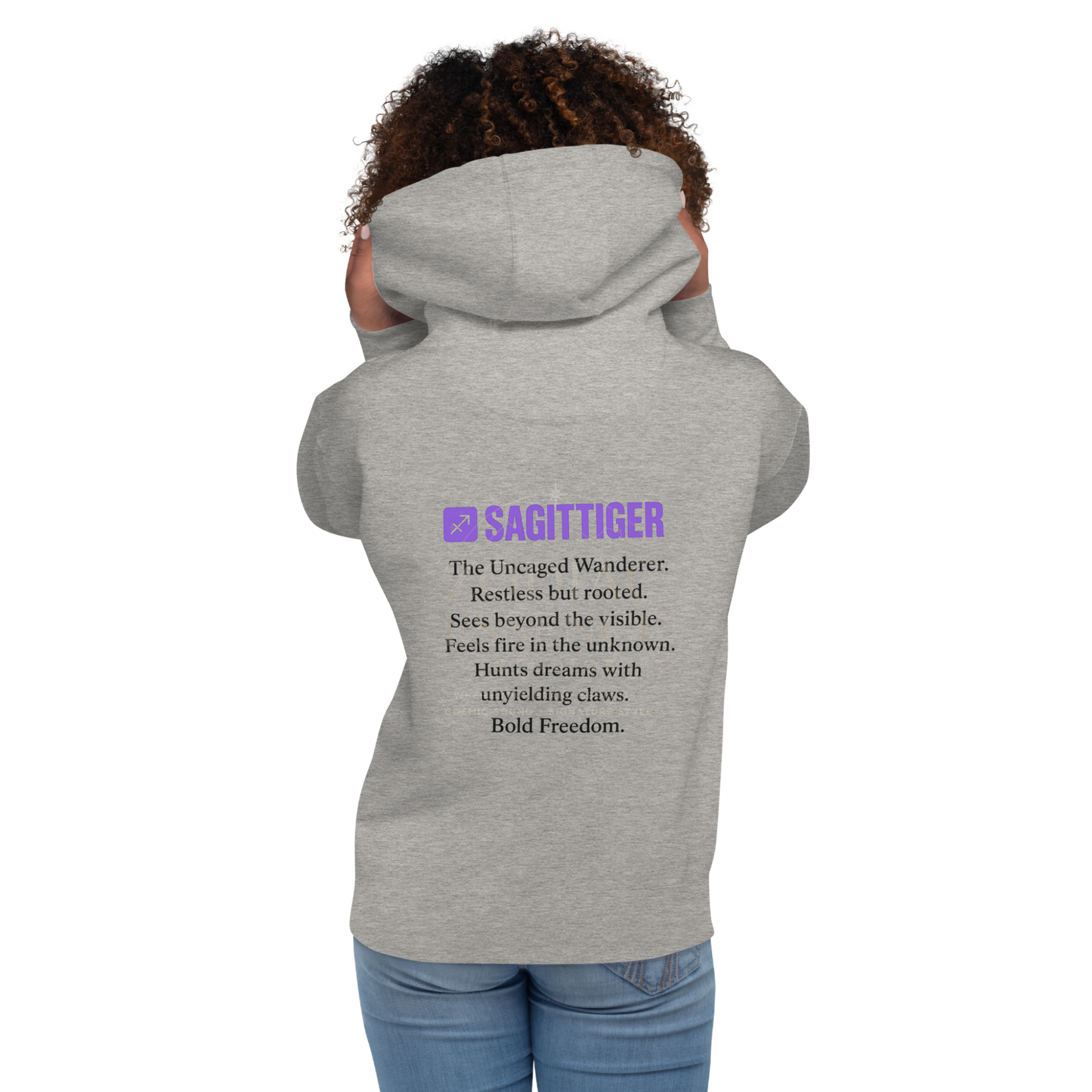 SAGITTIGER Essence Hoodie – Front + Back Zodiac Quote ♐ #9B5DE5